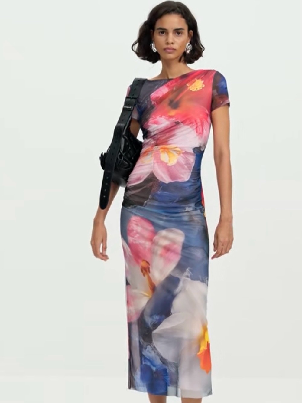 Desigual Floral Sheer Midi Dress In Pink, Blue & White